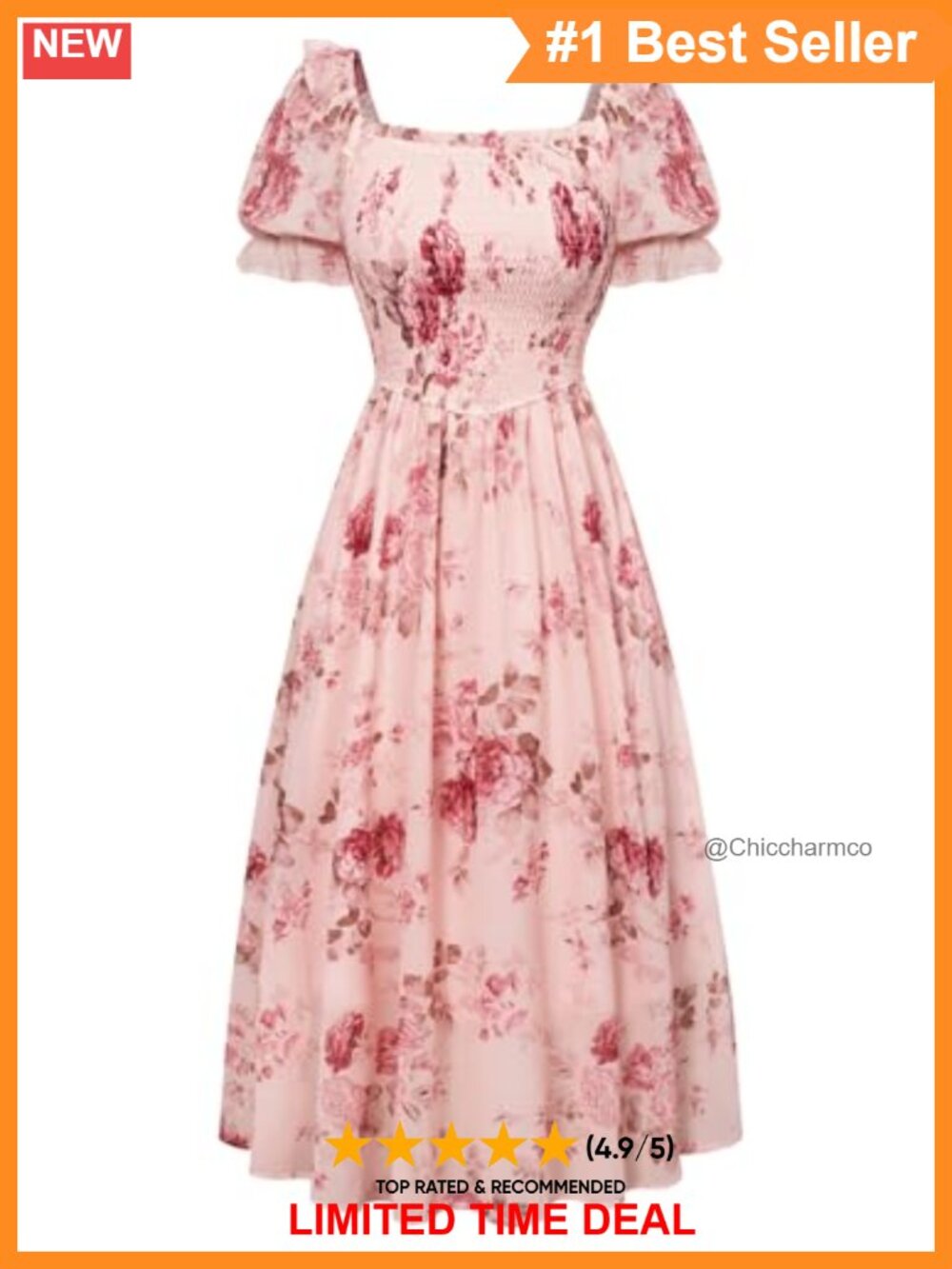 Floral Chiffon Midi Dress Puff Sleeve Square Neck Smocked Cottagecore Tea Party